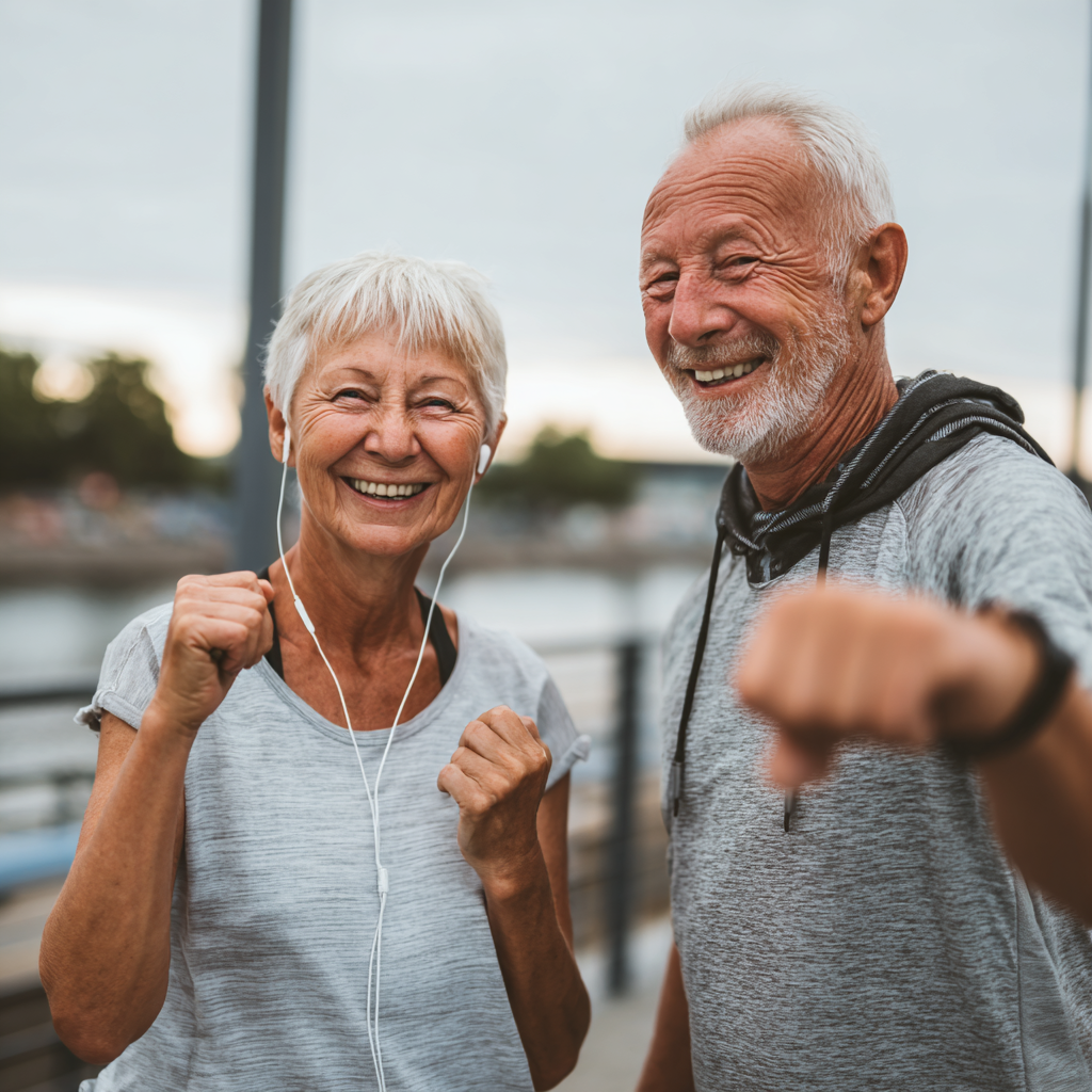 Smiling elderly European woman in workout clothes stretching outdoors in a park setting