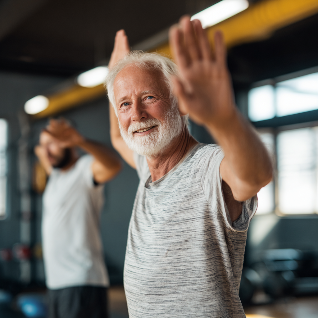 Group of smiling elderly European people doing gentle fitness exercises in a modern gym with natural lighting